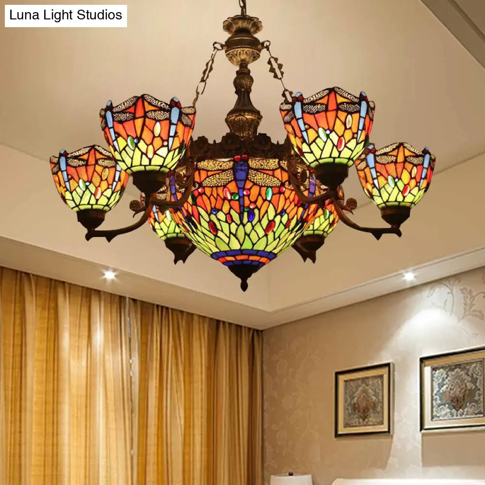 Dragonfly Tiffany Style Chandelier With Stained Glass Shade For Living Room 7 / Orange