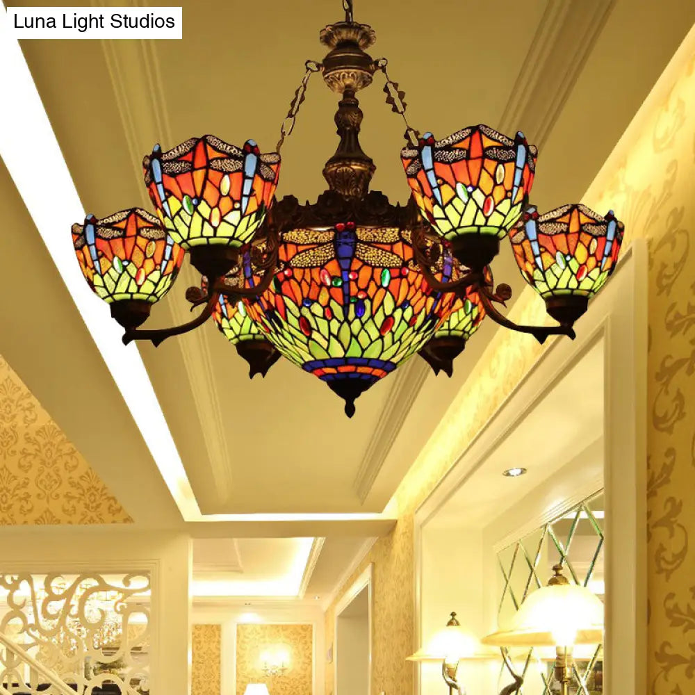 Dragonfly Tiffany Style Chandelier With Stained Glass Shade For Living Room