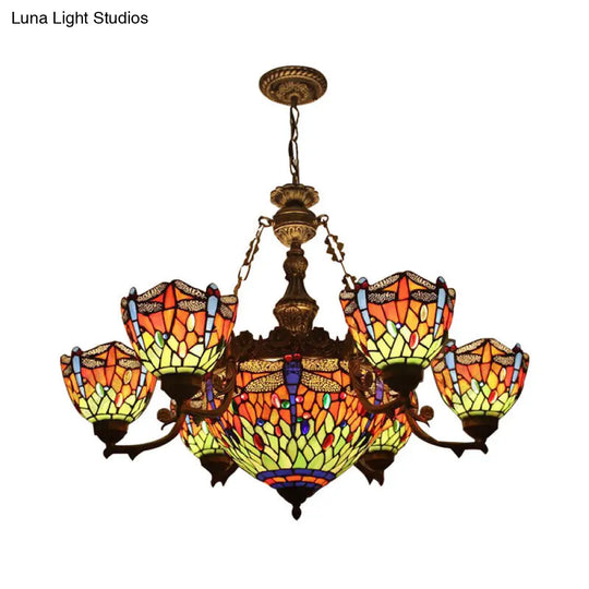 Dragonfly Tiffany Style Chandelier With Stained Glass Shade For Living Room