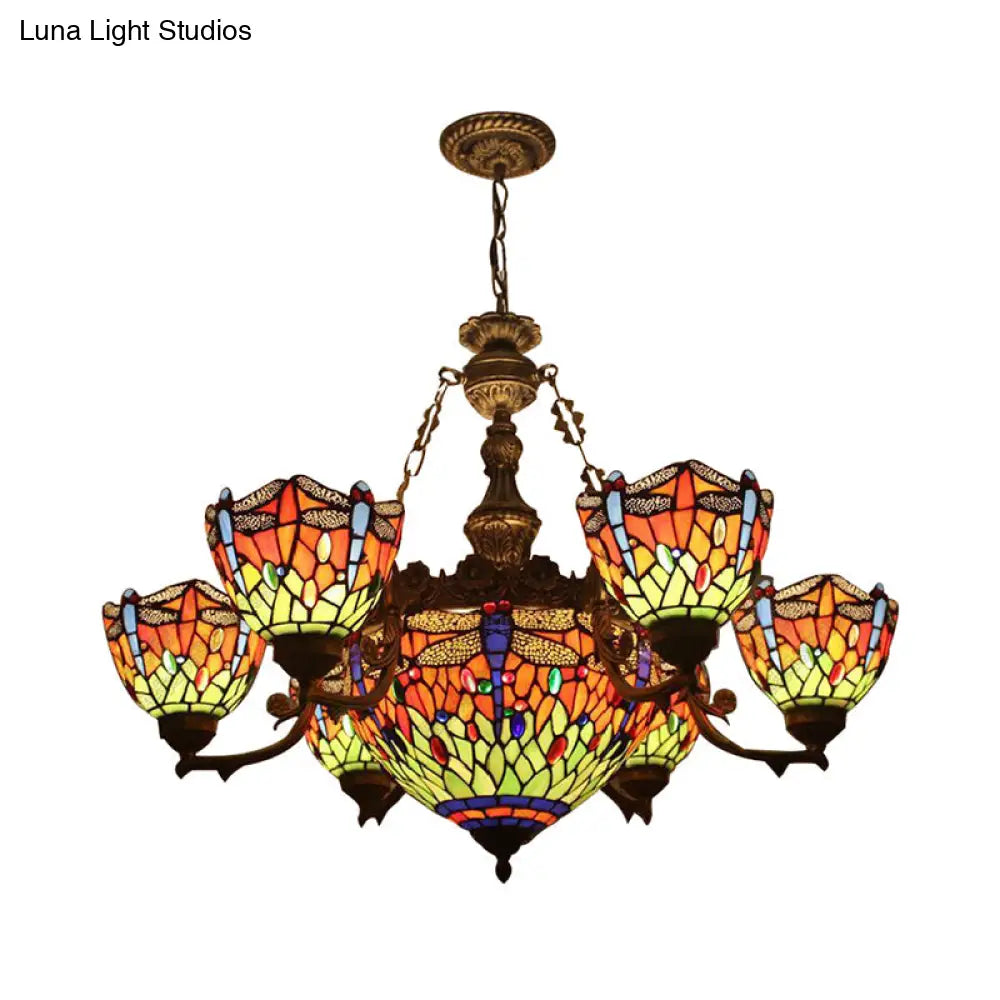Dragonfly Tiffany Style Chandelier With Stained Glass Shade For Living Room