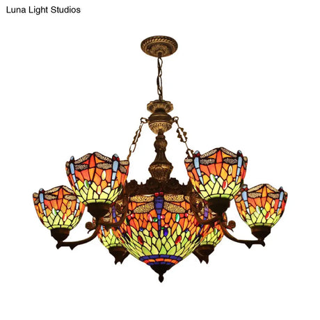 Dragonfly Tiffany Style Chandelier With Stained Glass Shade For Living Room