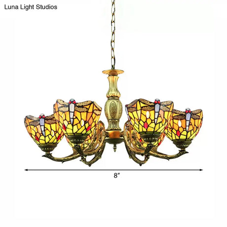 Dragonfly Tiffany Style Stained Glass Chandelier With 6 Lights In Antique Brass And Adjustable Chain