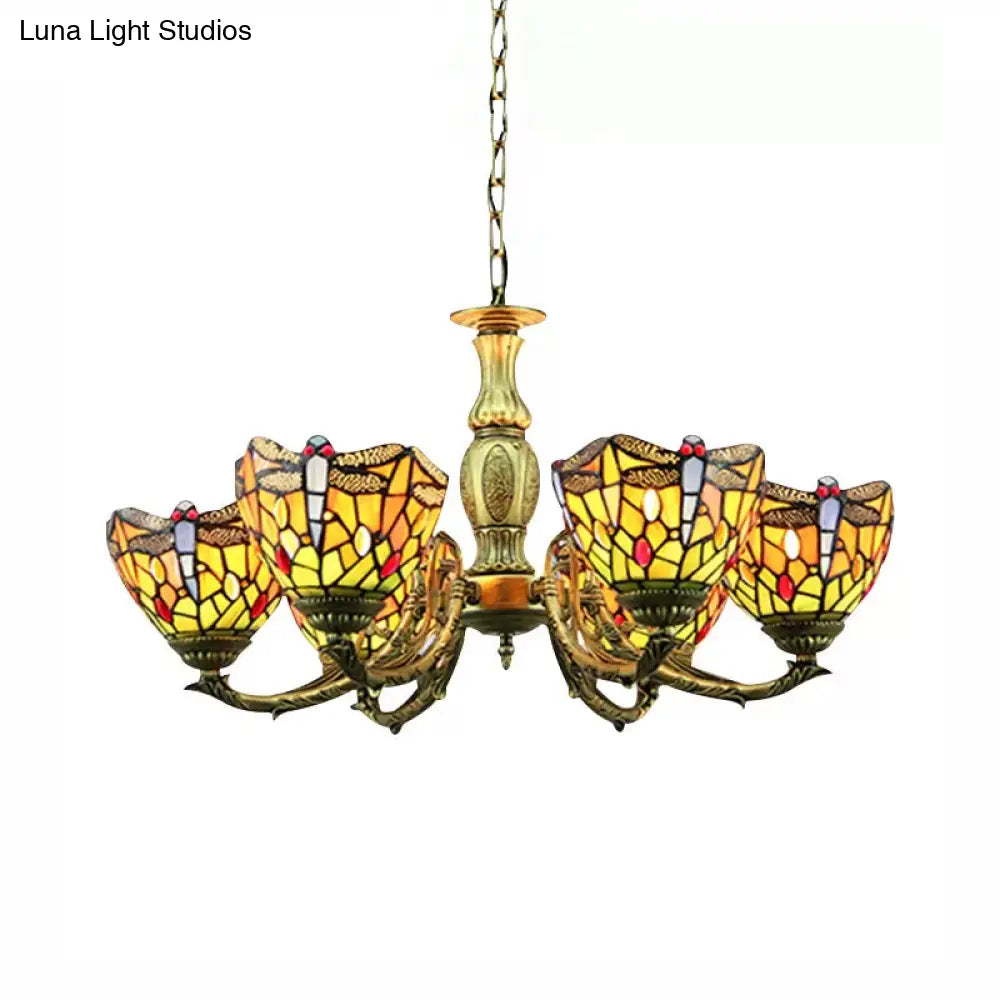 Dragonfly Tiffany Style Stained Glass Chandelier With 6 Lights In Antique Brass And Adjustable Chain
