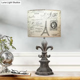 Drum Living Room Table Light: Country Fabric 1-Light Beige Script Print Desk Lamp With Resin Etched
