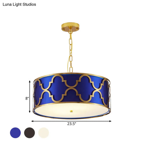 Drum Shade Chandelier Light - Nordic Style Ceiling Lamp For Dining Room 3 Lights Black/White/Blue