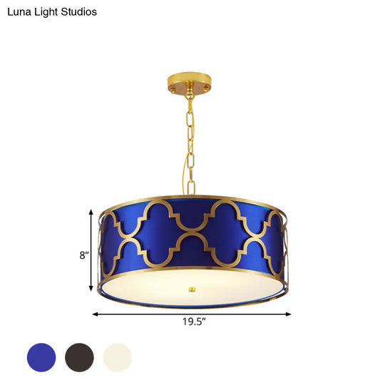 Drum Shade Chandelier Light - Nordic Style Ceiling Lamp For Dining Room 3 Lights Black/White/Blue