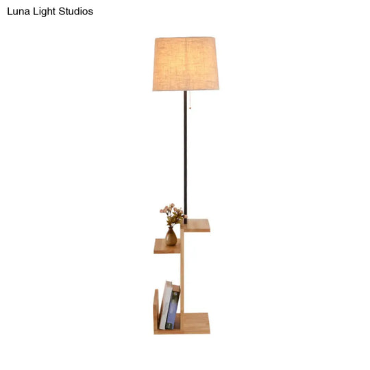 Drum Shaped Led Floor Lamp With Wood Shelf - Contemporary Fabric Standing Light For Living Room
