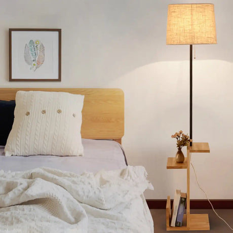 Drum Shaped Led Floor Lamp With Wood Shelf - Contemporary Fabric Standing Light For Living Room