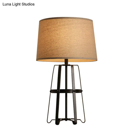 Drum Table Lamp In Brown Countryside Fabric - 1 Head Frame Base Living Room Lighting