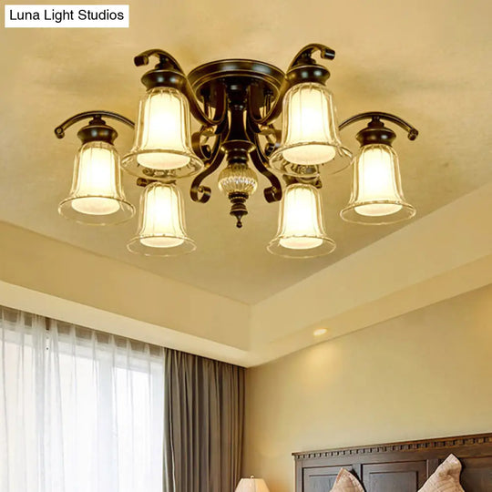 Dual Bell Clear & Opal Glass Semi Flush Mount - 3/6 Bulbs Ceiling Fixture Cottage Black 6 /