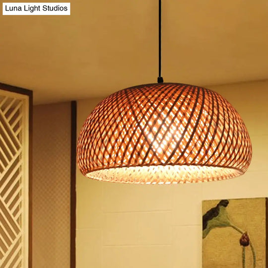 Dual Dome Bamboo Hanging Light - 12/15 Wide Pendant Lamp Beige Shade Asian-Inspired Parlor Lighting