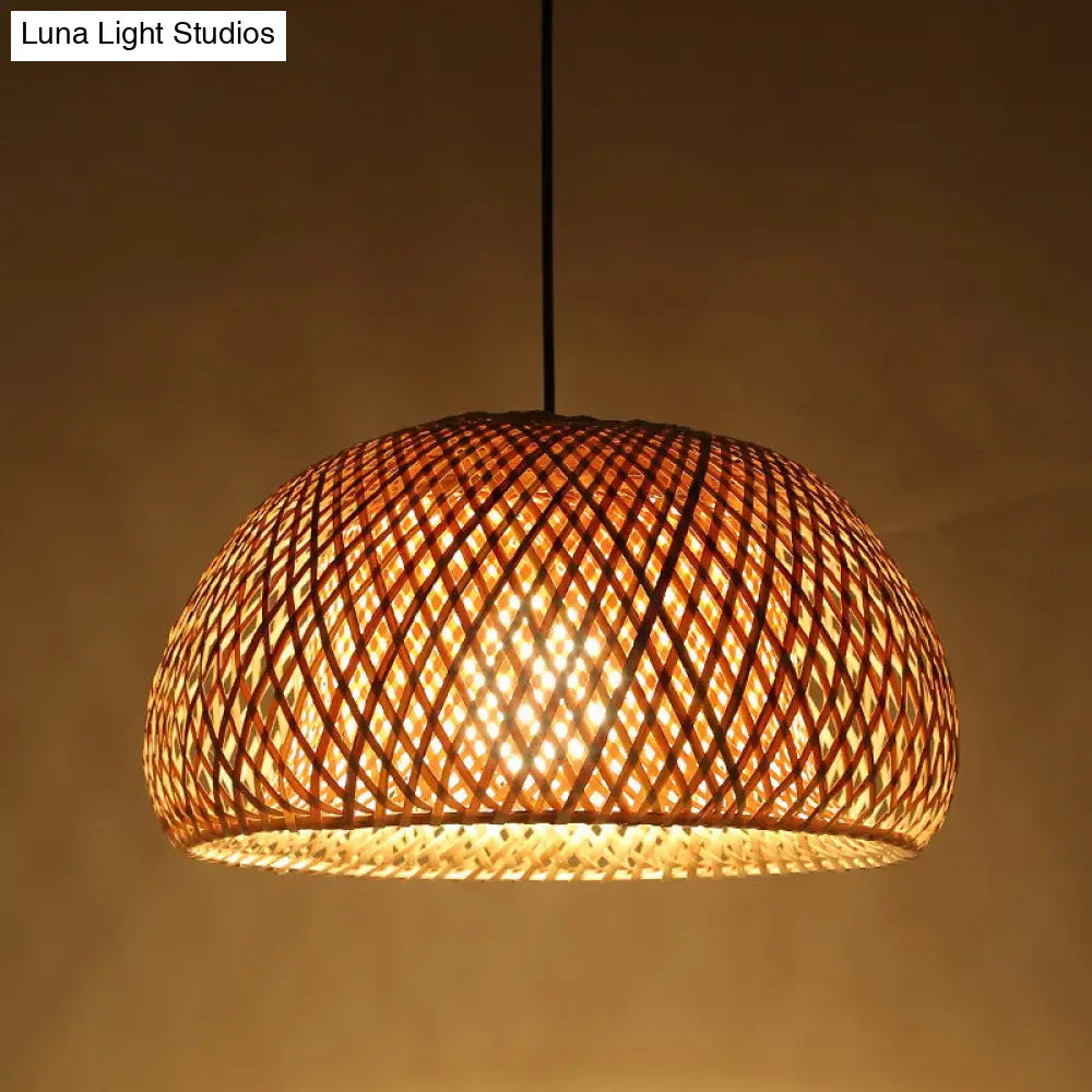 Dual Dome Bamboo Hanging Light - 12/15 Wide Pendant Lamp Beige Shade Asian-Inspired Parlor Lighting