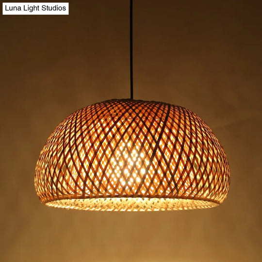 Dual Dome Bamboo Hanging Light - 12/15 Wide Pendant Lamp Beige Shade Asian-Inspired Parlor Lighting