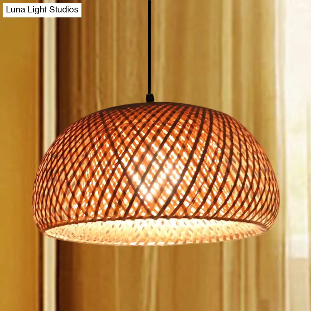 Dual Dome Bamboo Hanging Light - 12/15 Wide Pendant Lamp Beige Shade Asian-Inspired Parlor Lighting