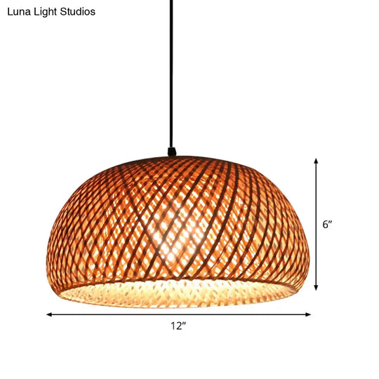Dual Dome Bamboo Hanging Light - 12/15 Wide Pendant Lamp Beige Shade Asian-Inspired Parlor Lighting