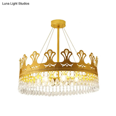 Elegant Brass Crown Chandelier Lamp Simplicity Metal Pendant Lighting With Crystal Drops For Bedroom