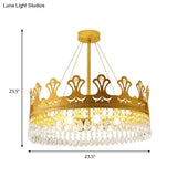 Elegant Brass Crown Chandelier Lamp Simplicity Metal Pendant Lighting With Crystal Drops For Bedroom
