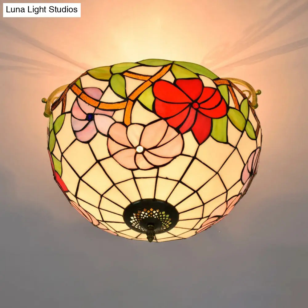 Mediterranean Semi-Flush Ceiling Light With Cut Glass Rose Design And 3 Beige/Pink/Orange Lights