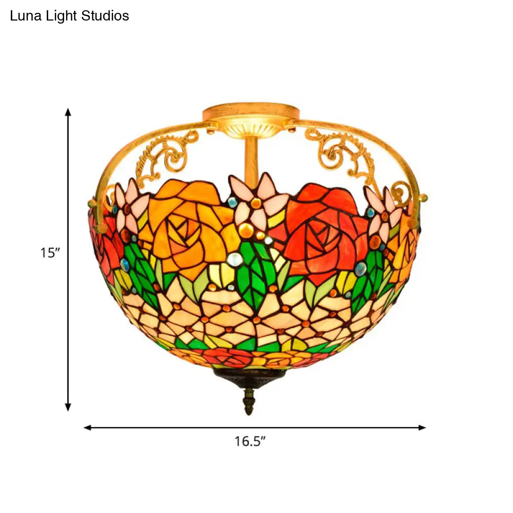 Mediterranean Semi-Flush Ceiling Light With Cut Glass Rose Design And 3 Beige/Pink/Orange Lights