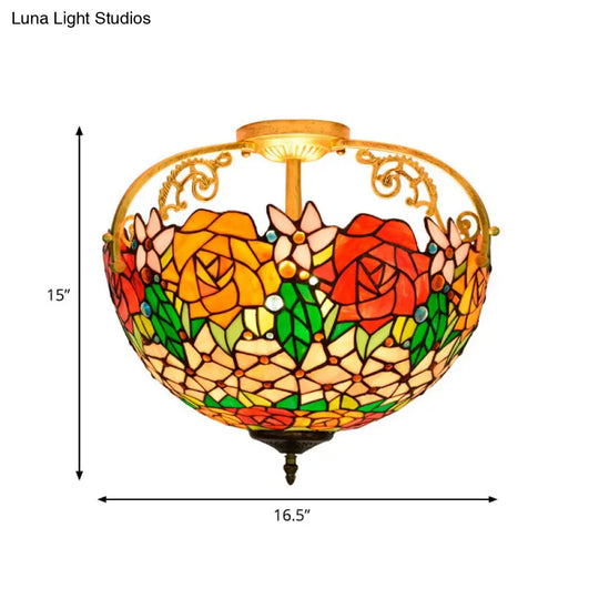 Mediterranean Semi-Flush Ceiling Light With Cut Glass Rose Design And 3 Beige/Pink/Orange Lights
