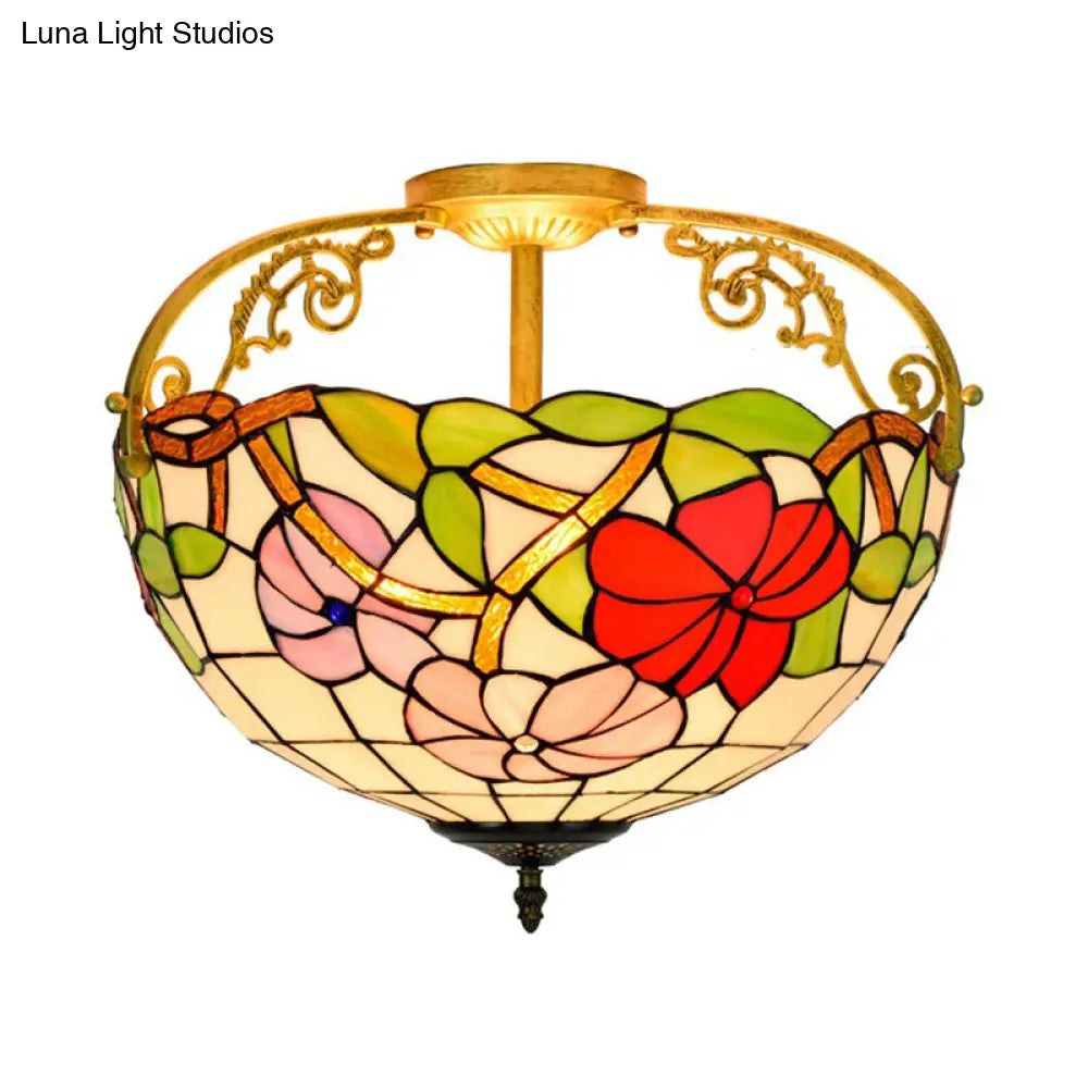 Mediterranean Semi-Flush Ceiling Light With Cut Glass Rose Design And 3 Beige/Pink/Orange Lights