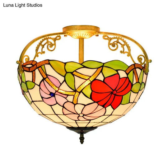 Mediterranean Semi-Flush Ceiling Light With Cut Glass Rose Design And 3 Beige/Pink/Orange Lights