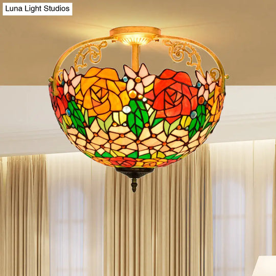 Mediterranean Semi-Flush Ceiling Light With Cut Glass Rose Design And 3 Beige/Pink/Orange Lights