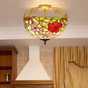 Elegant Mediterranean Cut Glass Rose Semi Flush Lighting - 3 - Light Beige/Pink/Orange Ceiling
