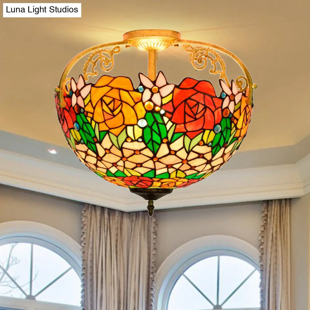 Mediterranean Semi-Flush Ceiling Light With Cut Glass Rose Design And 3 Beige/Pink/Orange Lights