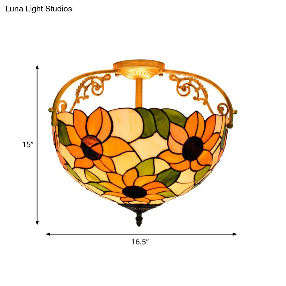 Elegant Mediterranean Cut Glass Rose Semi Flush Lighting - 3 - Light Beige/Pink/Orange Ceiling