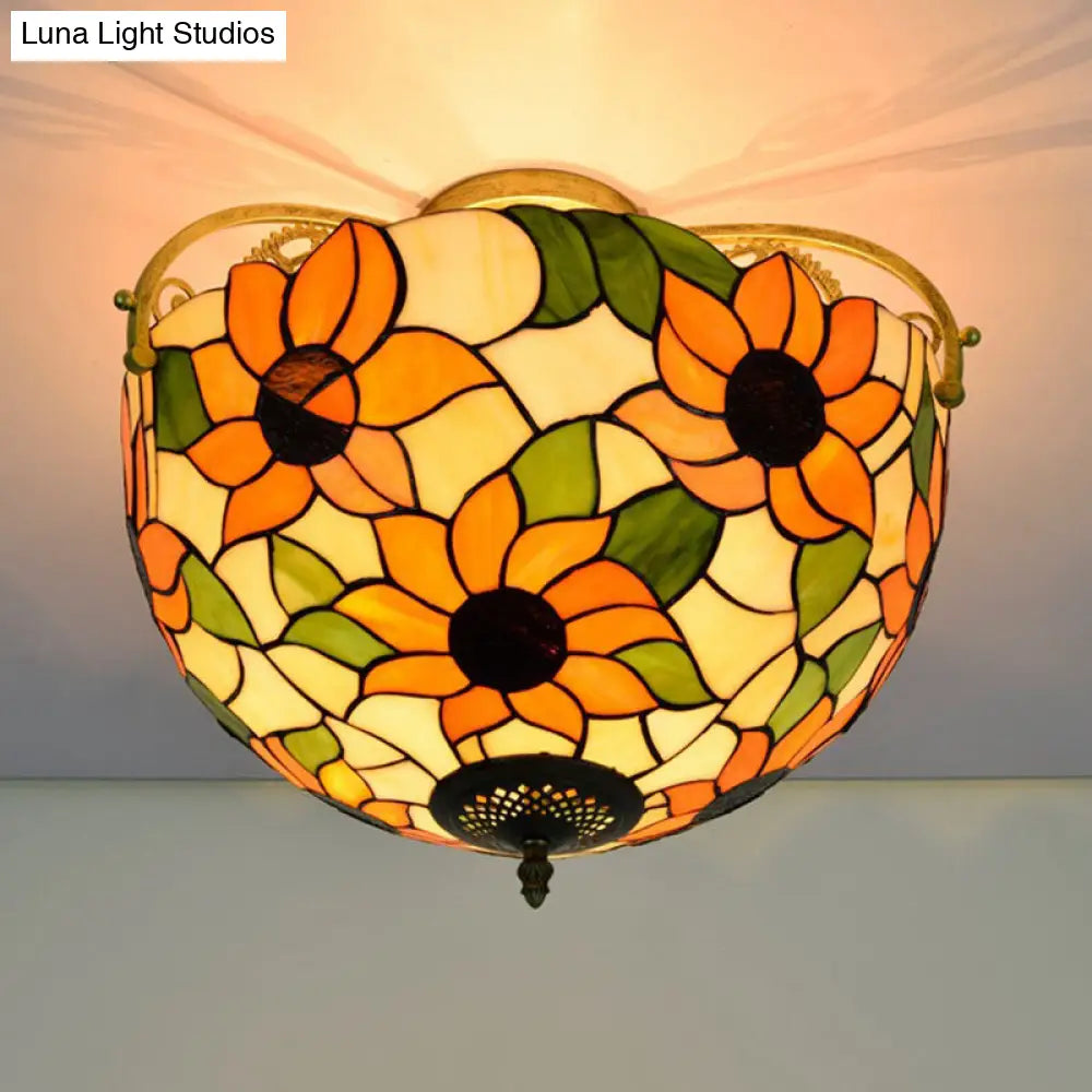Mediterranean Semi-Flush Ceiling Light With Cut Glass Rose Design And 3 Beige/Pink/Orange Lights