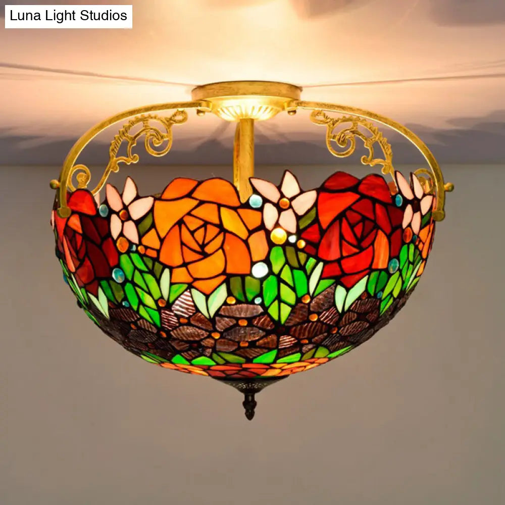 Mediterranean Semi-Flush Ceiling Light With Cut Glass Rose Design And 3 Beige/Pink/Orange Lights