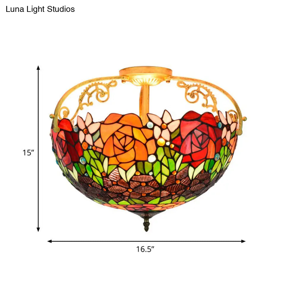 Mediterranean Semi-Flush Ceiling Light With Cut Glass Rose Design And 3 Beige/Pink/Orange Lights