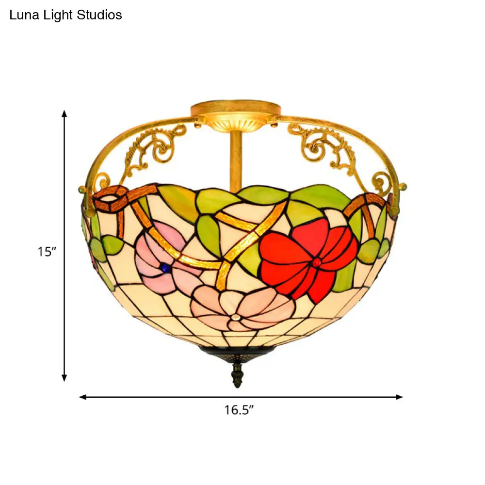Elegant Mediterranean Cut Glass Rose Semi Flush Lighting - 3 - Light Beige/Pink/Orange Ceiling