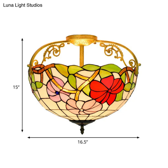 Elegant Mediterranean Cut Glass Rose Semi Flush Lighting - 3 - Light Beige/Pink/Orange Ceiling