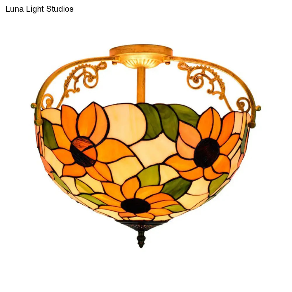 Mediterranean Semi-Flush Ceiling Light With Cut Glass Rose Design And 3 Beige/Pink/Orange Lights