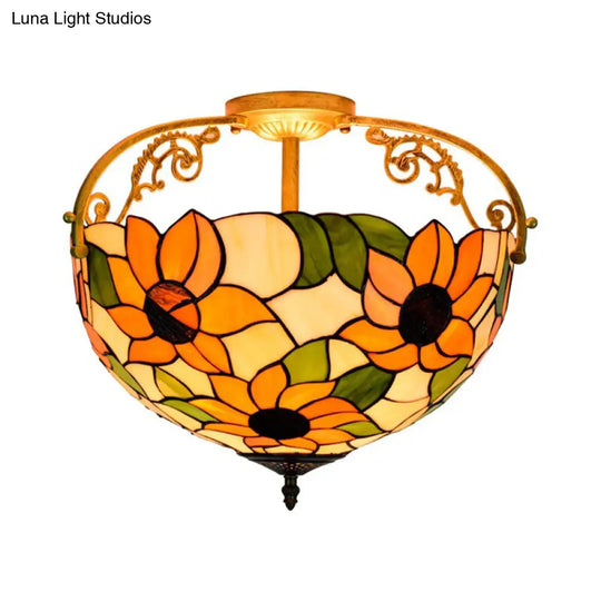 Mediterranean Semi-Flush Ceiling Light With Cut Glass Rose Design And 3 Beige/Pink/Orange Lights