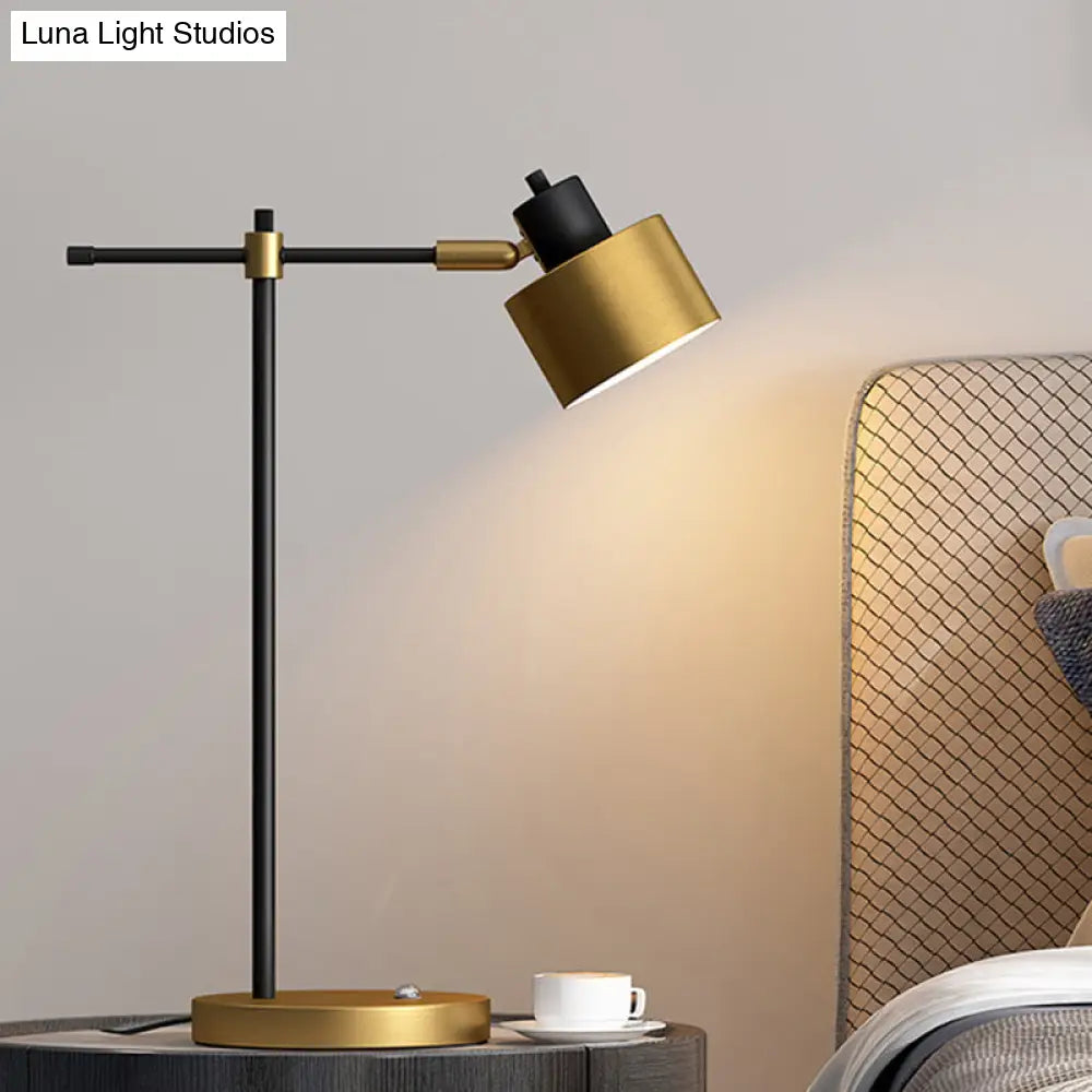 Drum Nightstand Lamp: Contemporary Metal Table Light With Right-Angle Arm For Living Room Décor