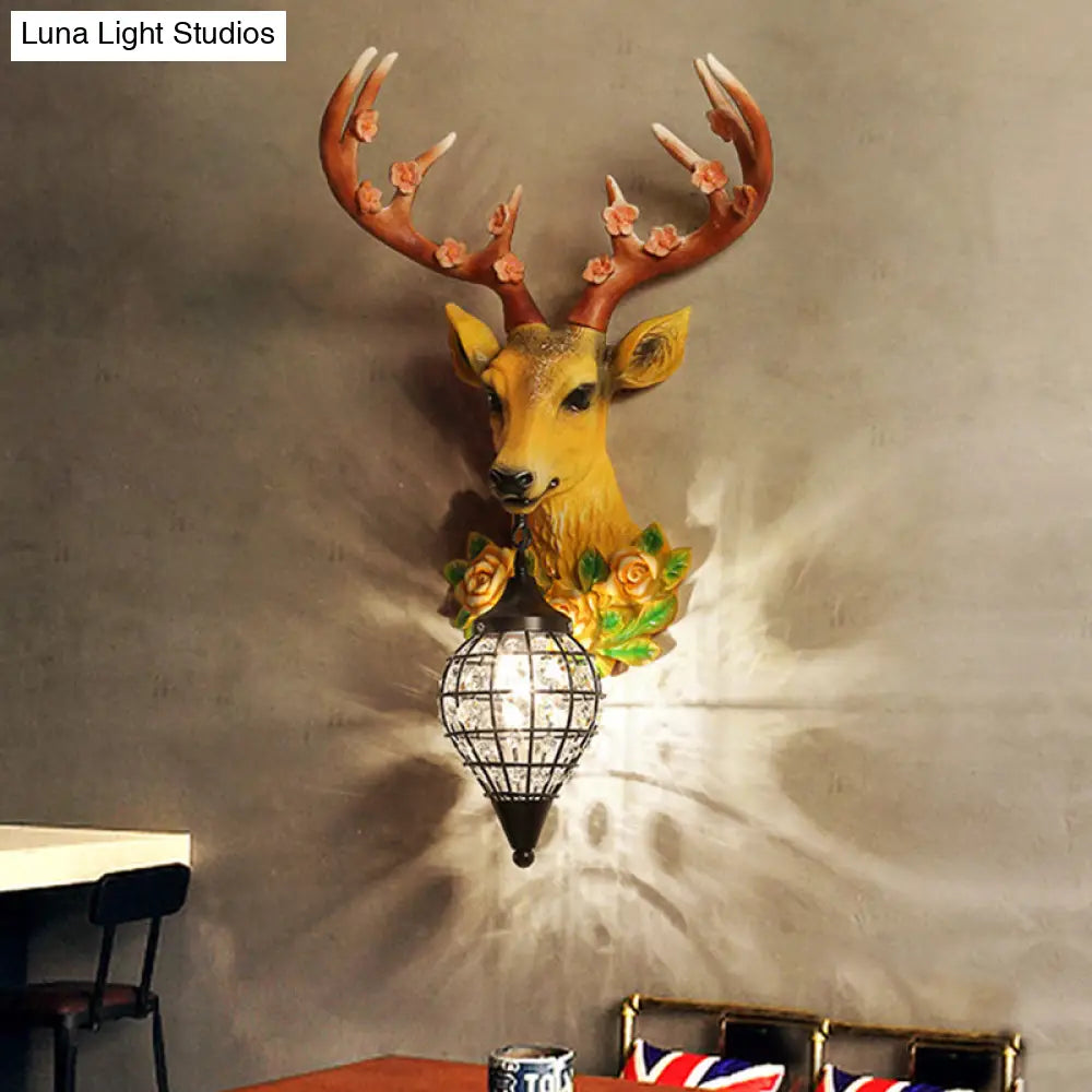 Elk Head Farmhouse Sconce: 1-Light Black & White Resin Wall Lamp With Flower Detail And Raindrop