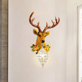 Elk Head Farmhouse Sconce: 1-Light Black & White Resin Wall Lamp With Flower Detail And Raindrop