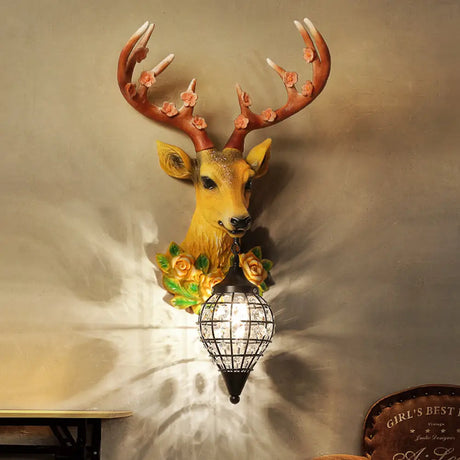 Elk Head Farmhouse Sconce: 1-Light Black & White Resin Wall Lamp With Flower Detail And Raindrop