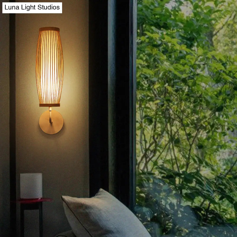 Elongated Bamboo Wall Lamp For South-East Asian Corridors - Wood Mount