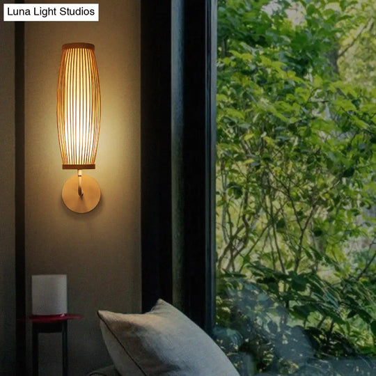 Elongated Bamboo Wall Lamp For South-East Asian Corridors - Wood Mount