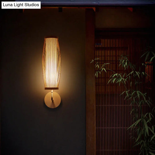 Elongated Bamboo Wall Lamp For South-East Asian Corridors - Wood Mount