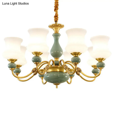 Emerald Green-Gold Retro Vase Chandelier: Opal Frosted Glass Pendant Light For Dining Room