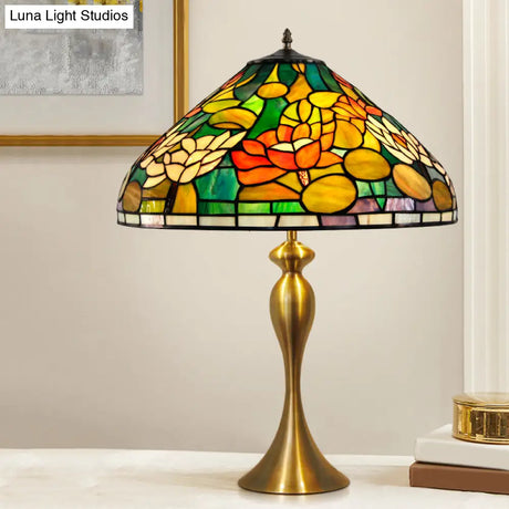 Emily - Vintage 1 Head Night Light Conical Multicolored Stained Glass Desk Lamp With Lotus Pattern