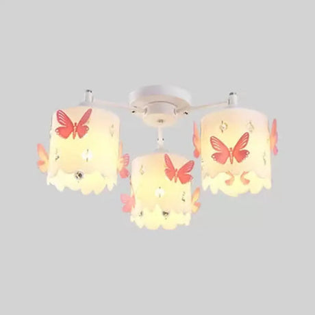 Etched Butterfly Pink Semi Flush Ceiling Light With Contemporary Cylinder Design