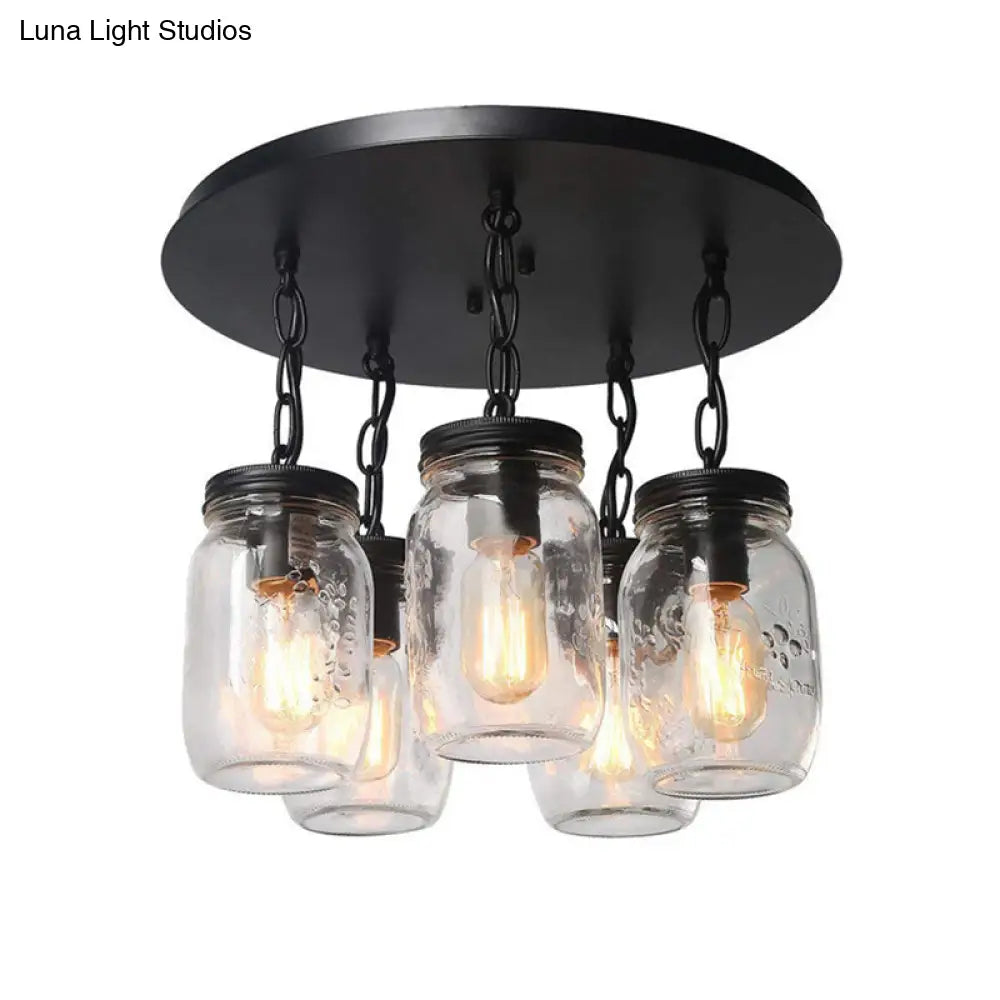 Etched Clear Glass Mason Jar Semi Flush Industrial Light Fixture - Ideal For Dining Room 3/5-Bulb