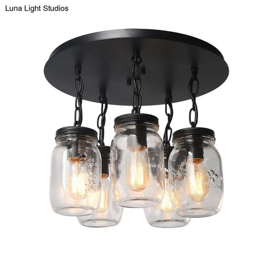 Etched Clear Glass Mason Jar Semi Flush Industrial Light Fixture - Ideal For Dining Room 3/5-Bulb