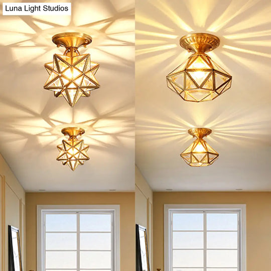 European Style Flush-Mount Ceiling Light: Full Brass Glass Shade 1 Light Polyhedron Design Bedroom